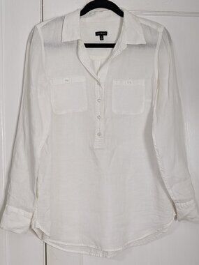 Talbots Women's Small White Button Up Long Sleeve Top 100% Linen Shirt Coastal